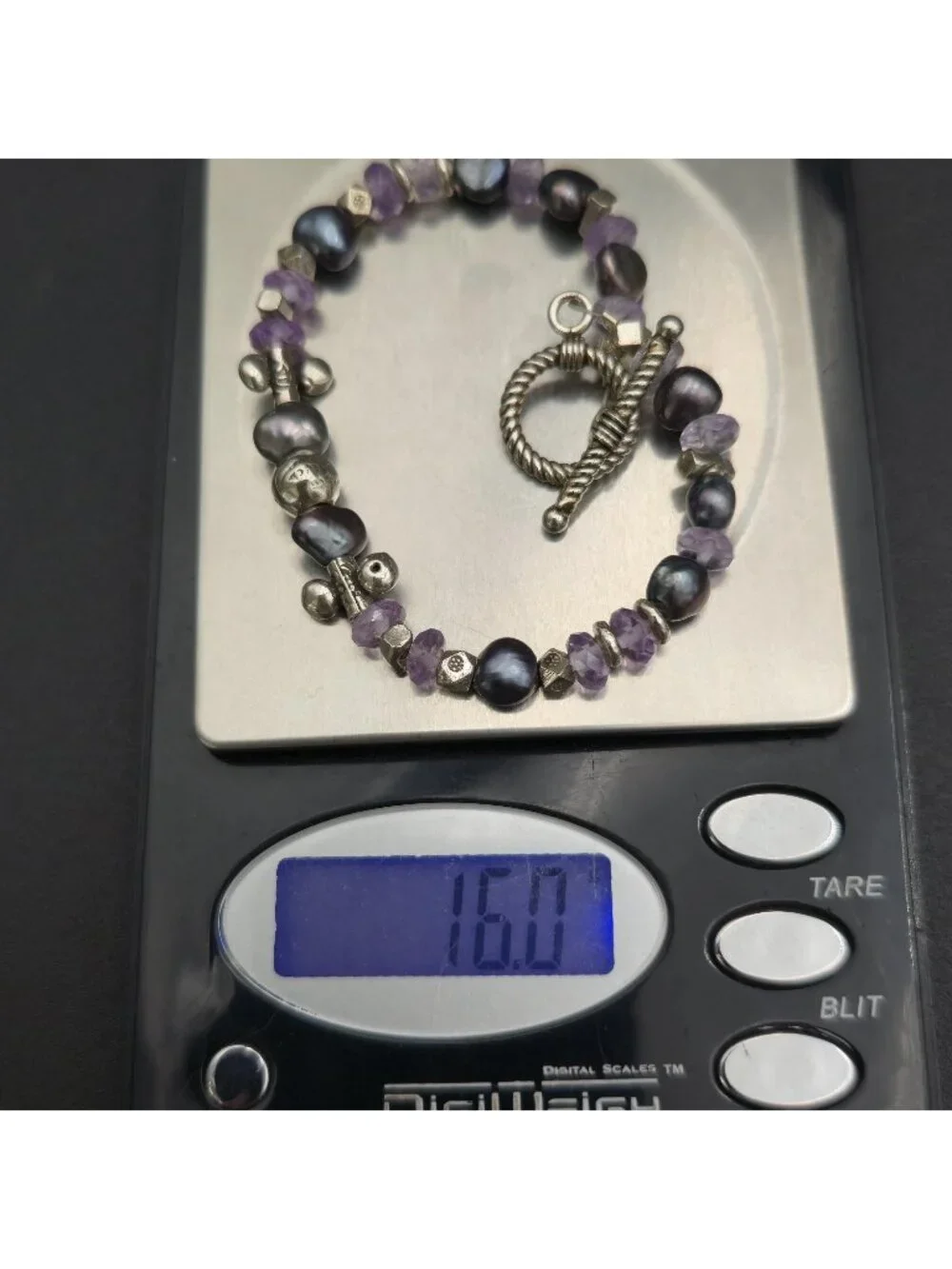 7.5 Inch Sterling Silver Black Pearl Amethyst Bead Rope Toggle Bracelet A8160